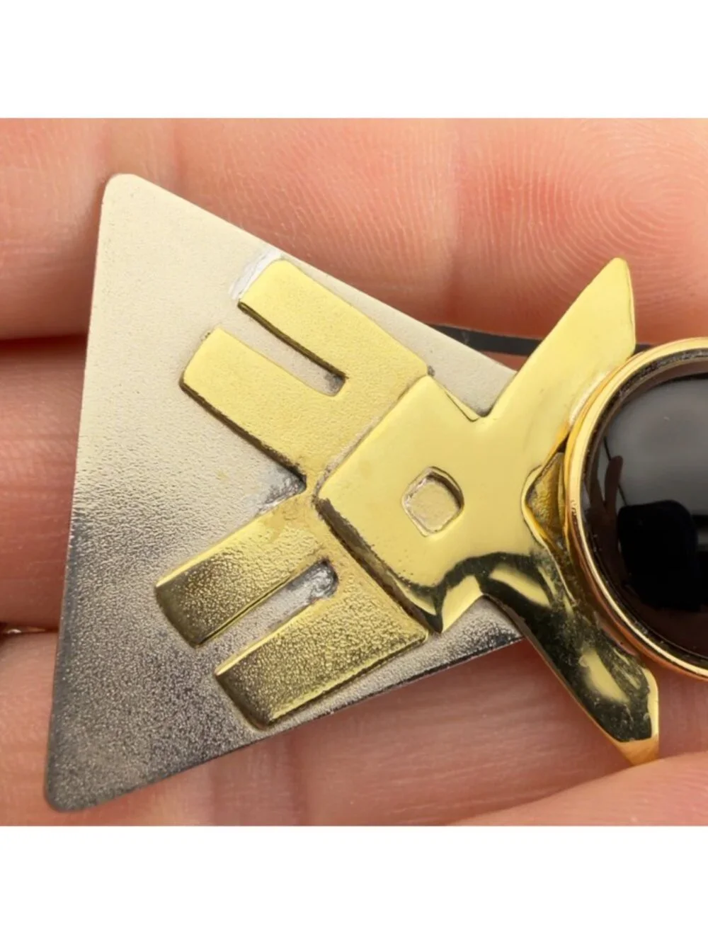 Vintage Modernist Geometric Brooch Black Cabochon Gold and Silver Tone Statement